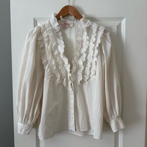 The Great. Cream Ruffled Long Sleeve Top